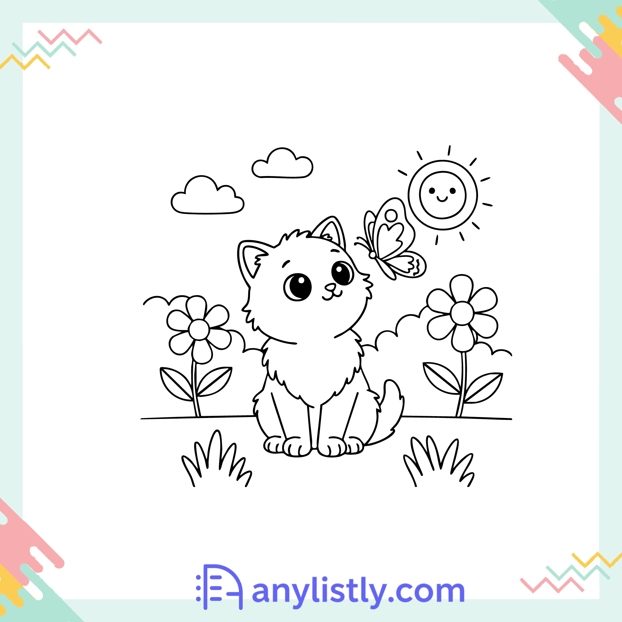 Cat and Butterfly Coloring Page